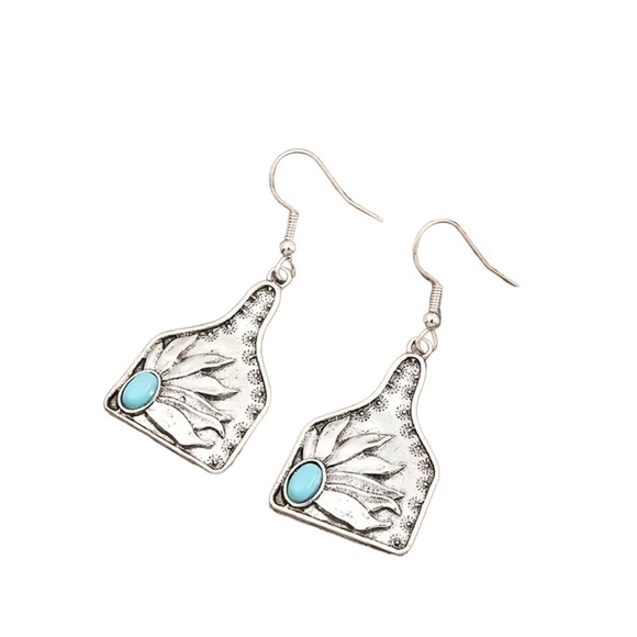 Boho Silver and Turquoise Geometric Sunflower Design Drop Earrings - Picture 6 of 6